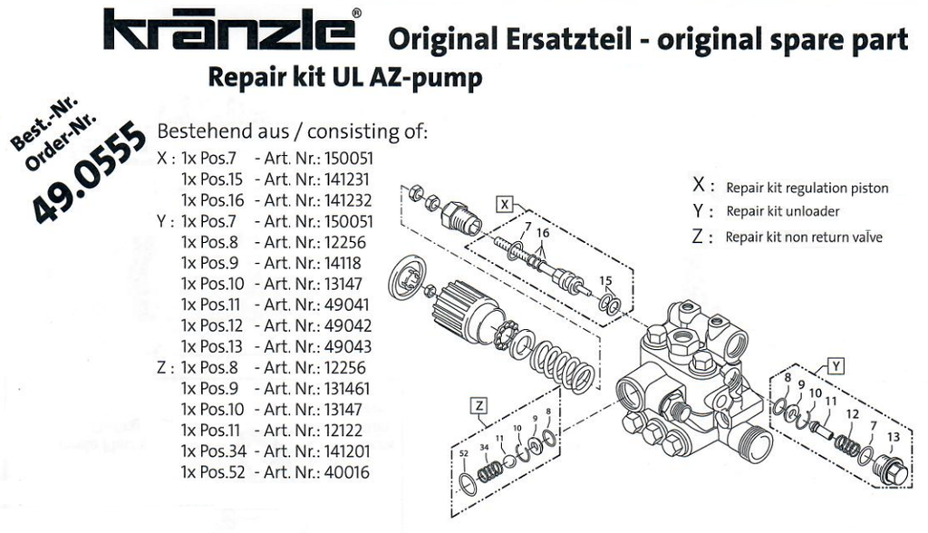 Kranzle AZ-L Unloader Repair Kit