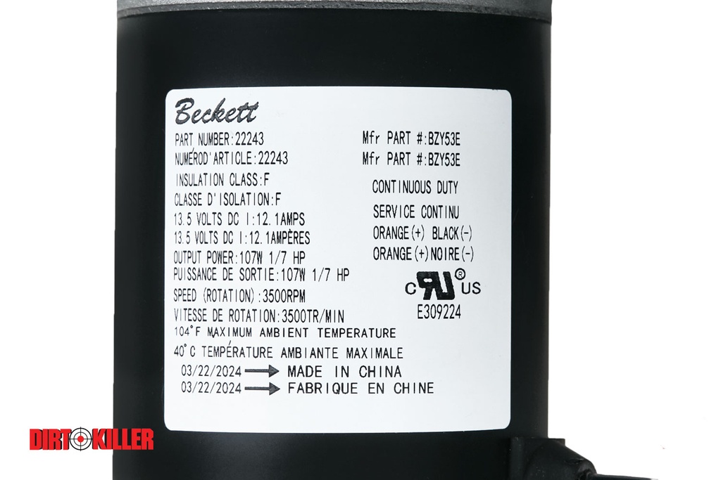 Beckett 12V Blower Motor for ADC Burner